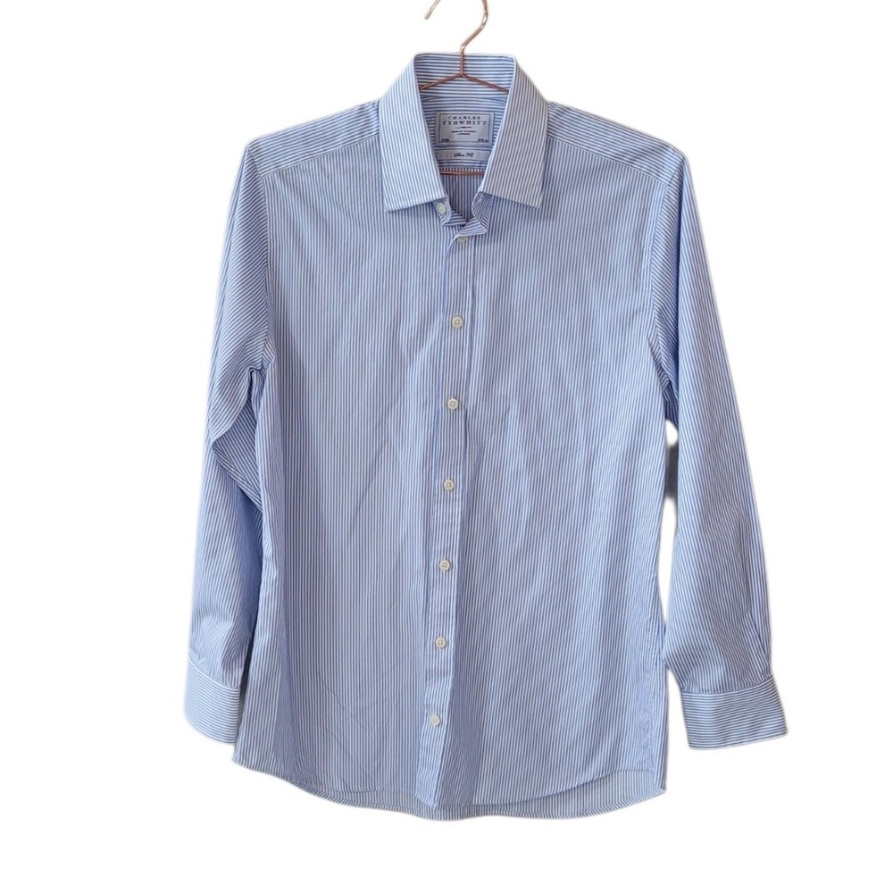 CHARLES TYRWHITT 16/34in Blue White Stripe Slim Long Sleeve Button Front Shirt